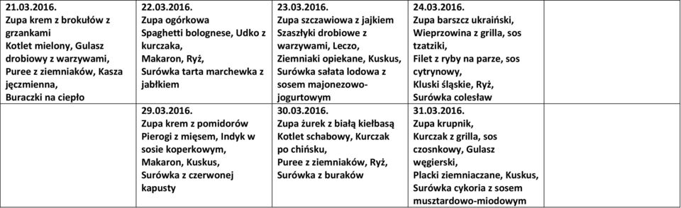 03.2016. Zupa żurek z białą kiełbasą Kotlet schabowy, Kurczak po chiosku, Surówka z buraków 24.03.2016. Zupa barszcz ukraioski, tzatziki, cytrynowy, Kluski śląskie, Ryż, 31.