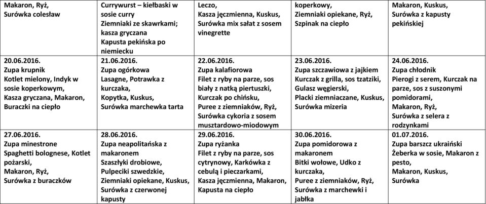 06.2016. Zupa kalafiorowa biały z natką piertuszki, Kurczak po chiosku, musztardowo-miodowym 29.06.2016. Zupa ryżanka cytrynowy, Karkówka z cebulą i pieczarkami, koperkowy, Ziemniaki opiekane, Ryż, 23.