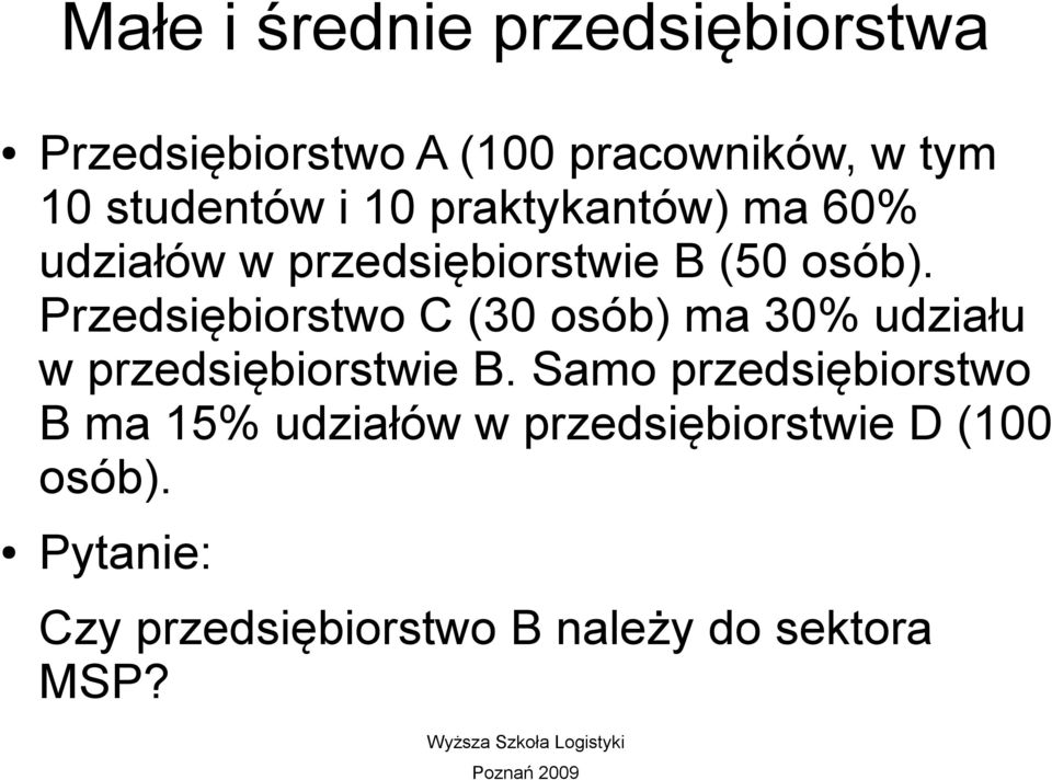 Przedsiębiorstwo C (30 osób) ma 30% udziału w przedsiębiorstwie B.