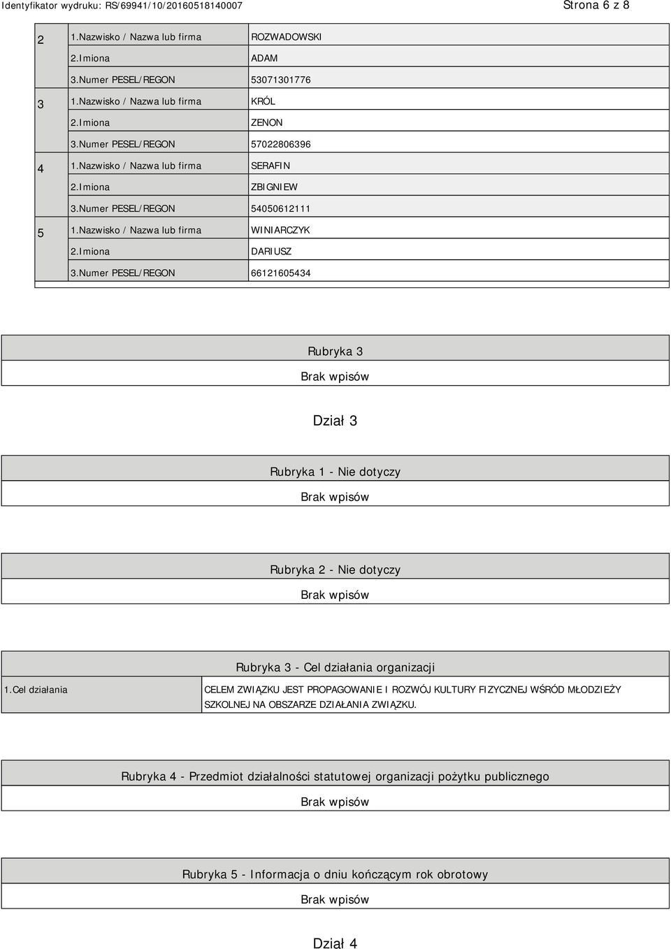 Numer PESEL/REGON 66121605434 Rubryka 3 Dział 3 Rubryka 1 - Nie dotyczy Rubryka 2 - Nie dotyczy Rubryka 3 - Cel działania organizacji 1.