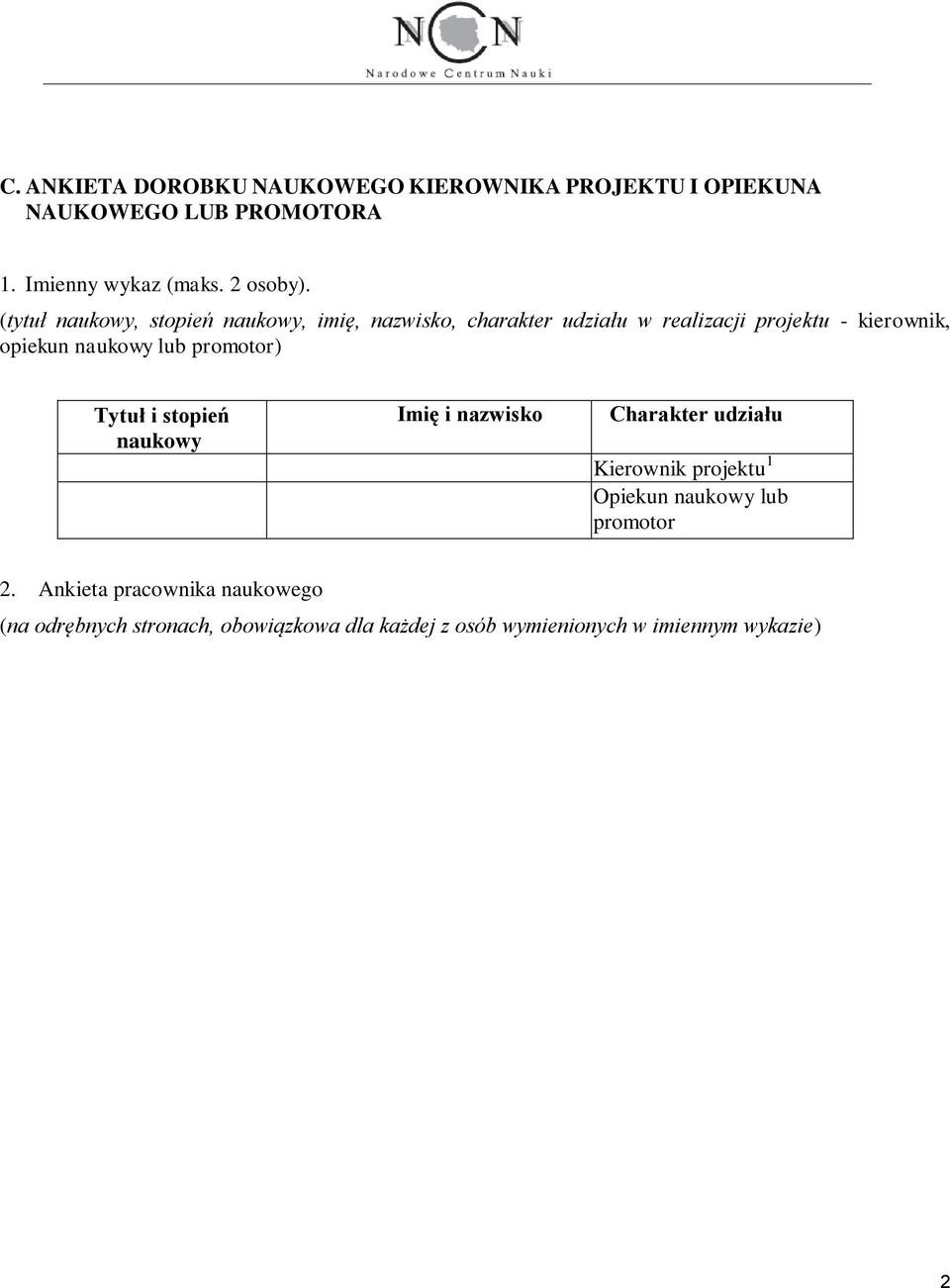 lub promotor) Tytuł i stopień naukowy Imię i nazwisko Charakter udziału Kierownik projektu 1 Opiekun naukowy lub