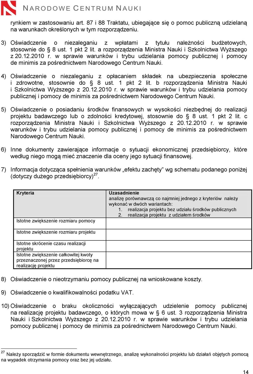 w sprawie warunków i trybu udzielania pomocy publicznej i pomocy de minimis za pośrednictwem Narodowego Centrum Nauki.