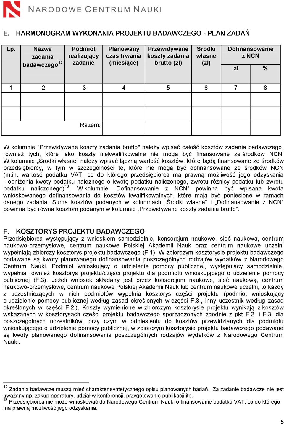 kolumnie "Przewidywane koszty zadania brutto" należy wpisać całość kosztów zadania badawczego, również tych, które jako koszty niekwalifikowalne nie mogą być finansowane ze środków NCN.