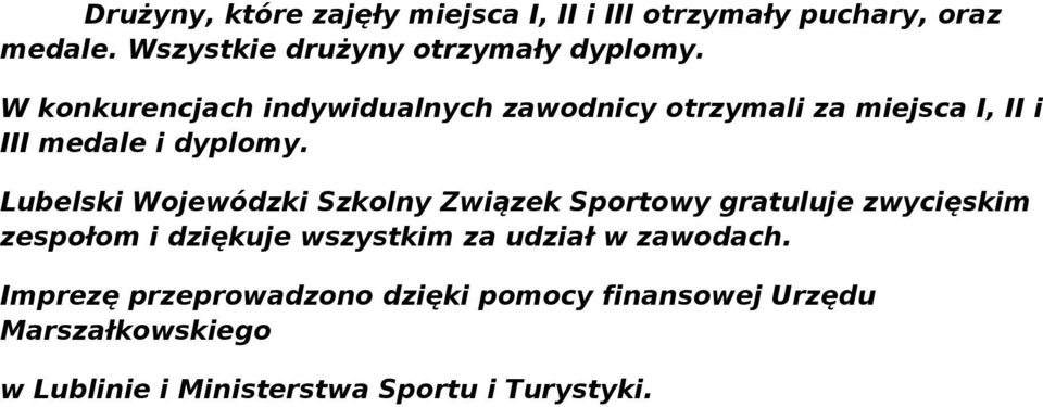 Wojewódzki Szkolny Związek Sportowy gratuluje zwycięskim zespołom i dziękuje wszystkim za udział w zawodach
