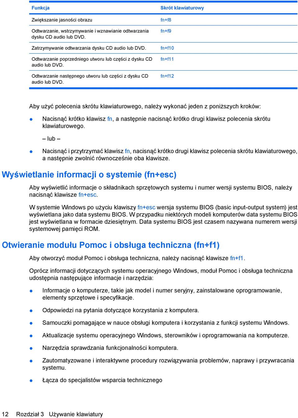 Skrót klawiaturowy fn+f8 fn+f9 fn+f10 fn+f11 fn+f12 Aby użyć polecenia skrótu klawiaturowego, należy wykonać jeden z poniższych kroków: Nacisnąć krótko klawisz fn, a następnie nacisnąć krótko drugi
