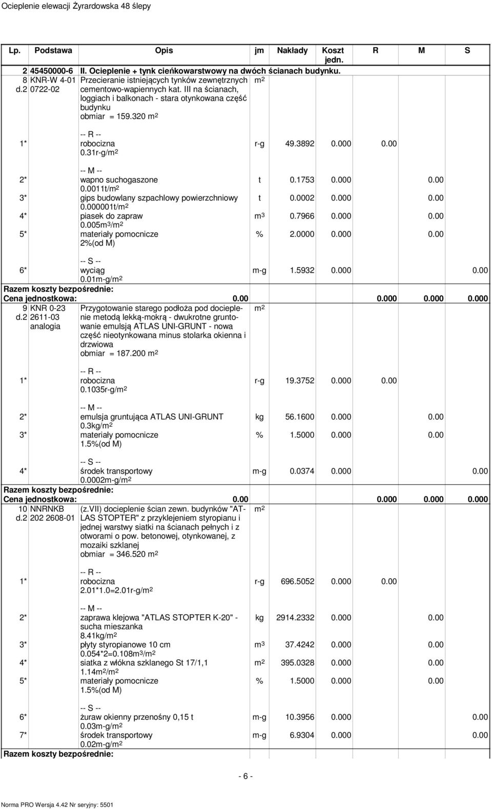 31r-g/ r-g 49.3892 0.000 0.00 t 0.1753 0.000 0.00 t 0.0002 0.000 0.00 m 3 0.7966 0.000 0.00 2* wapno suchogaszone 0.0011t/ 3* gips budowlany szpachlowy powierzchniowy 0.000001t/ 4* piasek do zapraw 0.