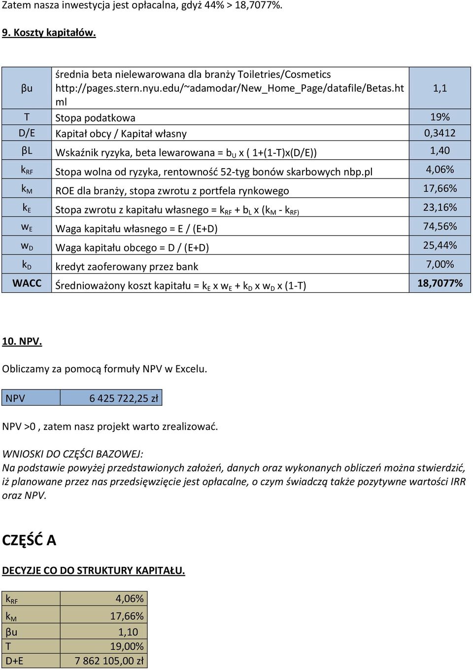 ht 1,1 ml T Stopa podatkowa 19% D/E Kapitał obcy / Kapitał własny 0,3412 βl Wskaźnik ryzyka, beta lewarowana = b U x ( 1+(1-T)x(D/E)) 1,40 k RF Stopa wolna od ryzyka, rentownośd 52-tyg bonów
