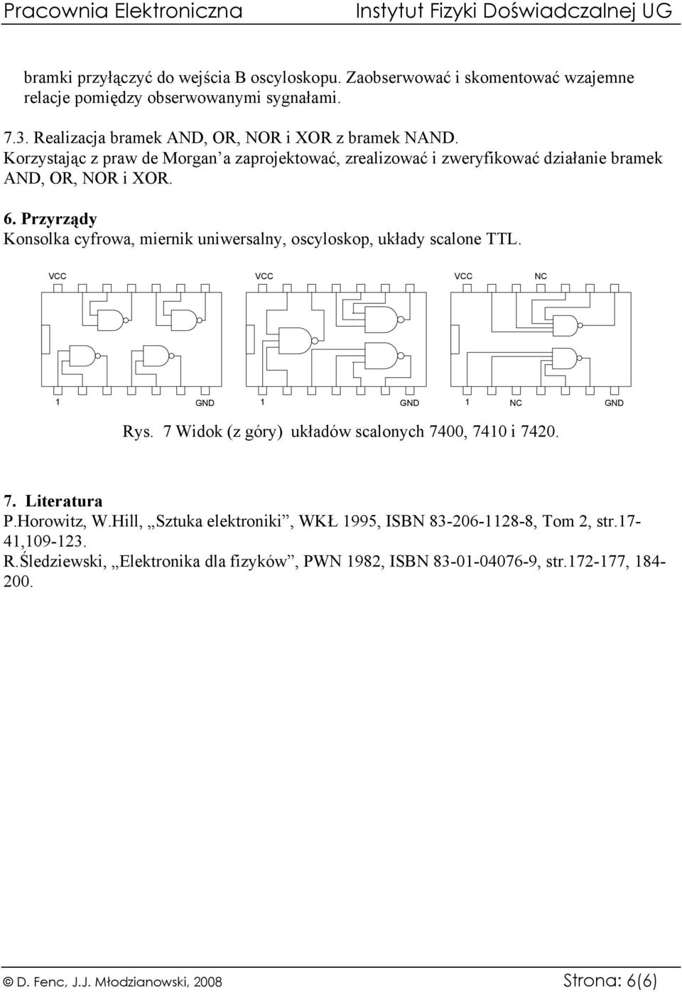 Przyrządy Konsolka cyfrowa, miernik uniwersalny, oscyloskop, układy scalone TTL. VCC VCC VCC NC 1 GND 1 GND 1 NC GND Rys. 7 Widok (z góry) układów scalonych 7400, 7410 i 7420. 7. Literatura P.