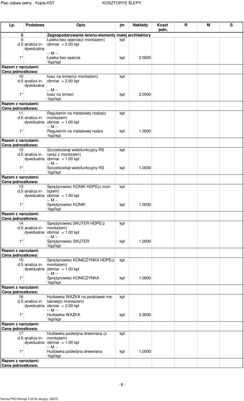 00 1* Regulamin na metalowej nodze 1/ 12 Szcześciokąt wielofunkcyjny RS (wraz z montażem) obmiar = 1.00 1* Szcześciokąt wielofunkcyjny RS 1/ 13 Sprężynowiec KONIK HDPE(z montażem) obmiar = 1.