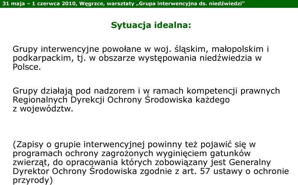 (Zapisy o grupie interwencyjnej powinny też pojawić się w programach ochrony zagrożonych wyginięciem gatunków zwierząt, do