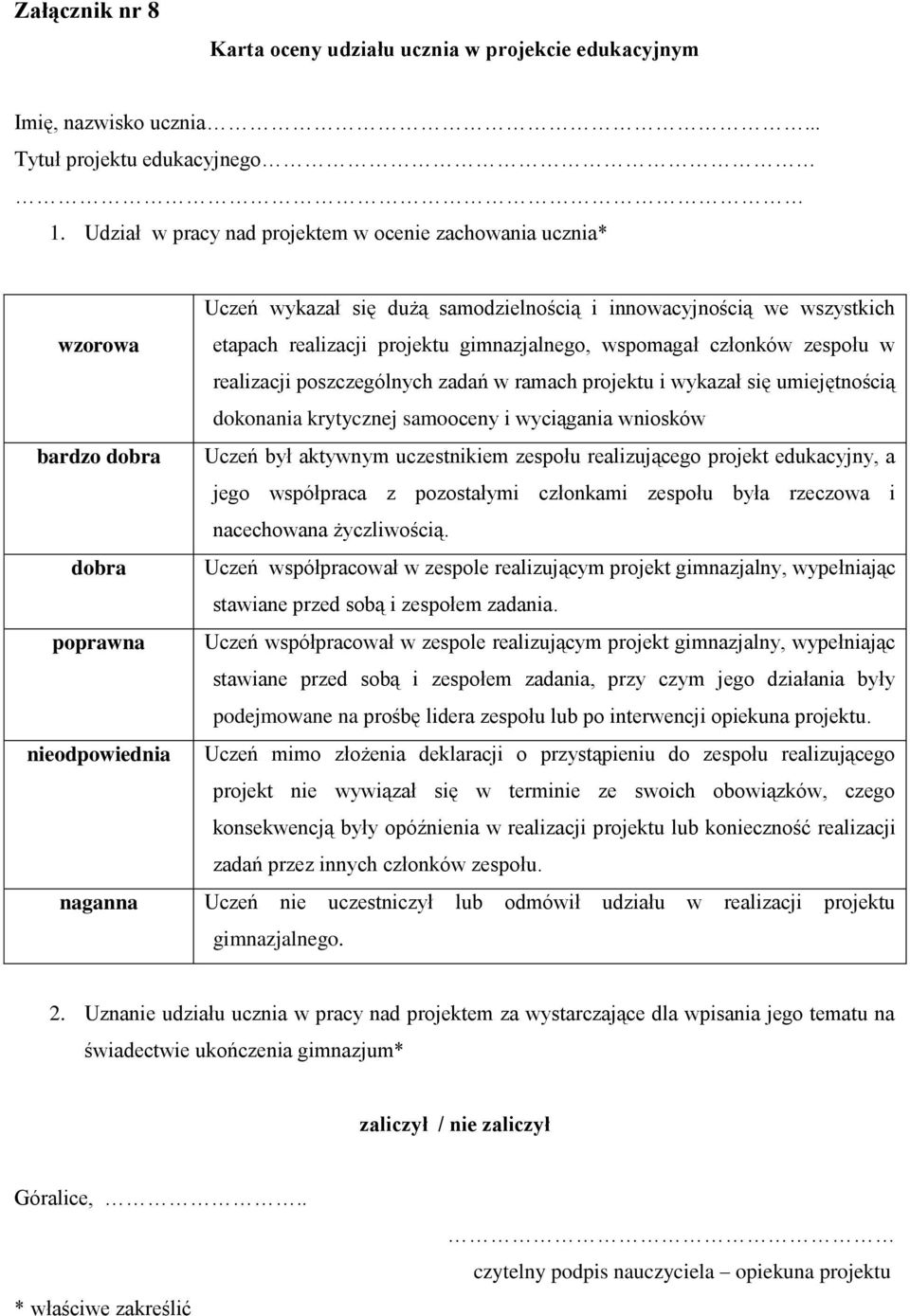 zespołu w realizacji poszczególnych zadań w ramach projektu i wykazał się umiejętnością dokonania krytycznej samooceny i wyciągania wniosków bardzo dobra Uczeń był aktywnym uczestnikiem zespołu