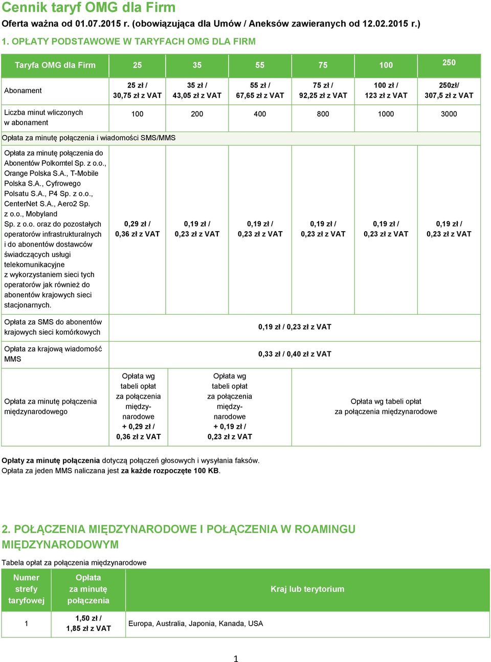 zł z Liczba minut wliczonych w abonament 100 200 400 800 1000 3000 minutę połączenia i wiadomości SMS/MMS minutę połączenia do Abonentów Polkomtel Sp. z o.o., Orange Polska S.A., T-Mobile Polska S.A., Cyfrowego Polsatu S.