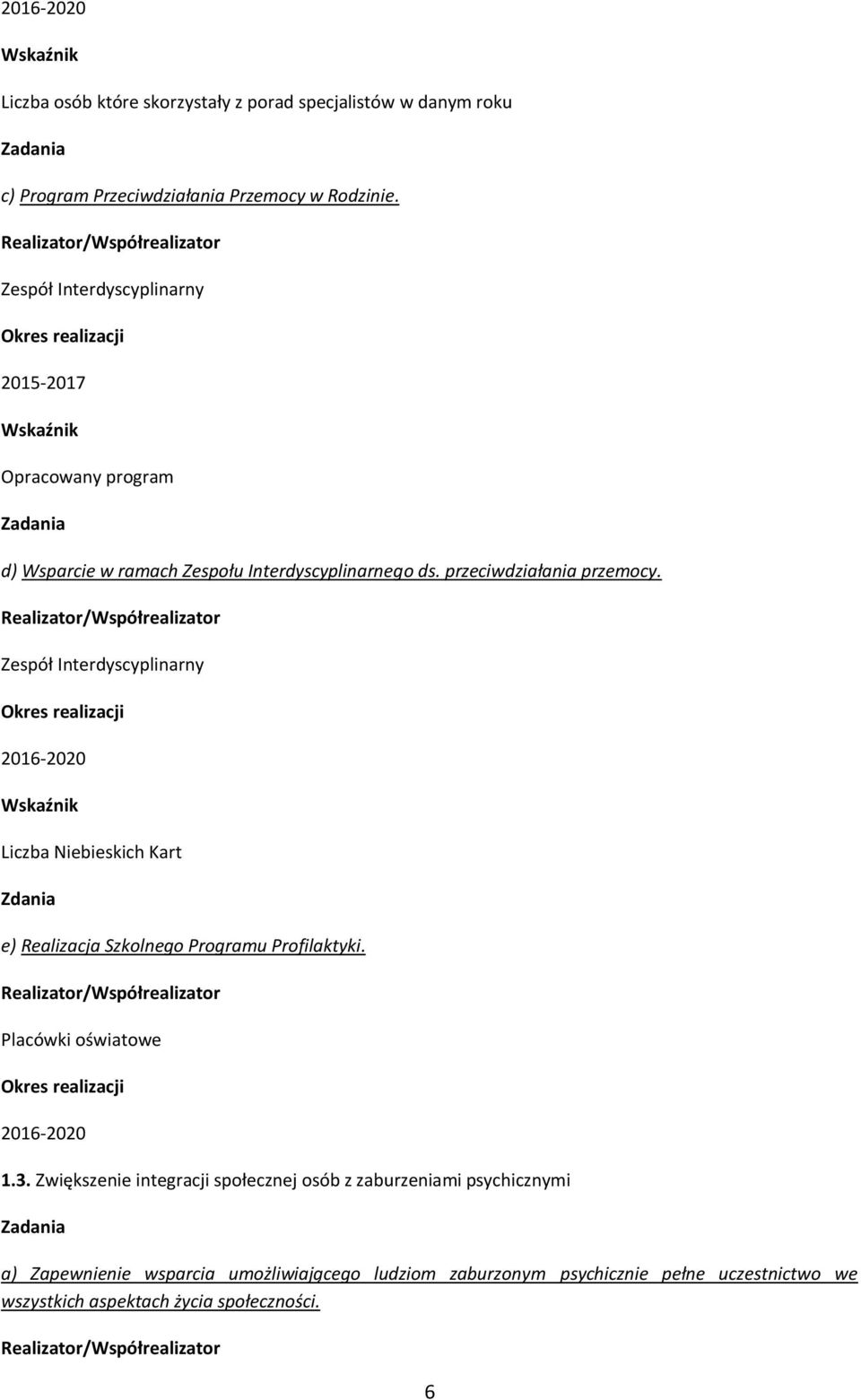 Zespół Interdyscyplinarny Liczba Niebieskich Kart Zdania e) Realizacja Szkolnego Programu Profilaktyki. Placówki oświatowe 1.3.