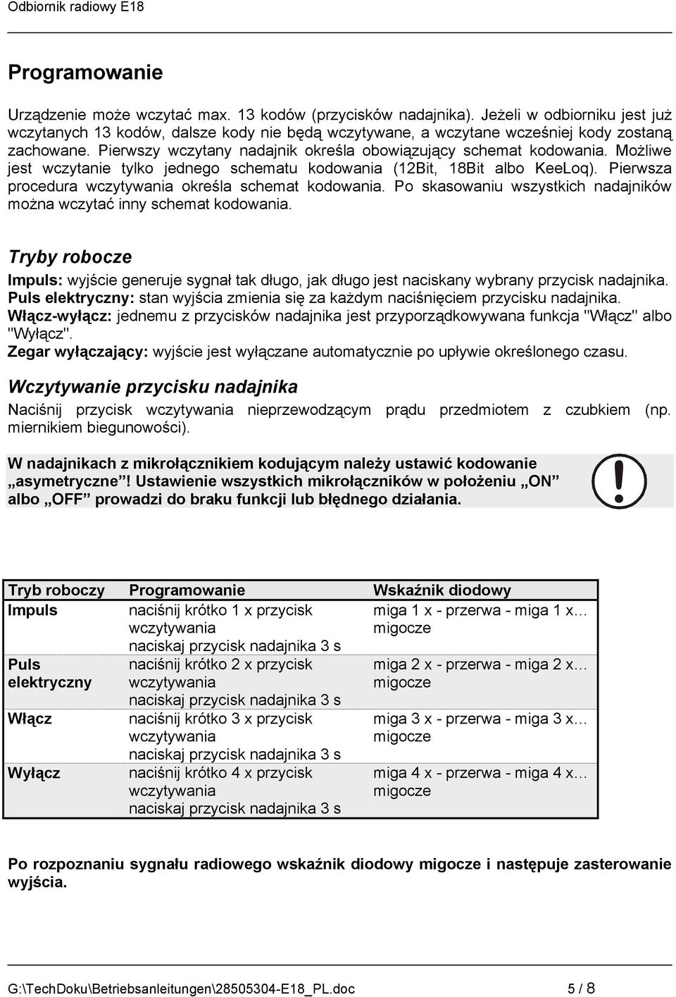 Możliwe jest wczytanie tylko jednego schematu kodowania (12Bit, 18Bit albo KeeLoq). Pierwsza procedura wczytywania określa schemat kodowania.