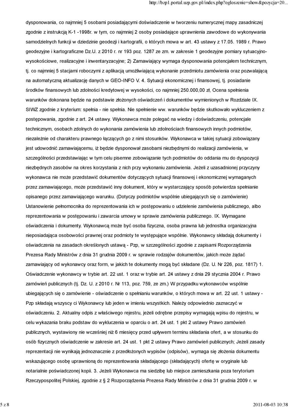 Prawo geodezyjne i kartograficzne Dz.U. z 2010 r. nr 193 poz. 1287 ze zm.