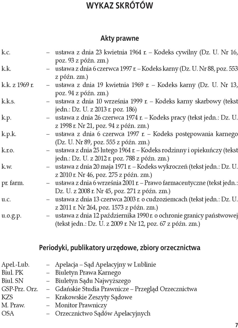 poz. 186) k.p. ustawa z dnia 26 czerwca 1974 r. Kodeks pracy (tekst jedn.: Dz. U. z 1998 r. Nr 21, poz. 94 z późn. zm.) k.p.k. ustawa z dnia 6 czerwca 1997 r. Kodeks postępowania karnego (Dz. U. Nr 89, poz.