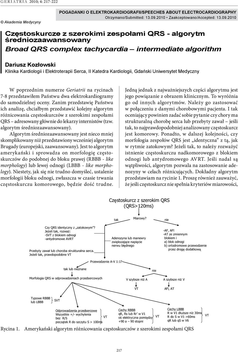 2010 Częstoskurcze z szerokimi zespołami QRS - algorytm średniozaawansowany Broad QRS complex tachycardia intermediate algorithm Dariusz Kozłowski Klinika Kardiologii i Elektroterapii Serca, II