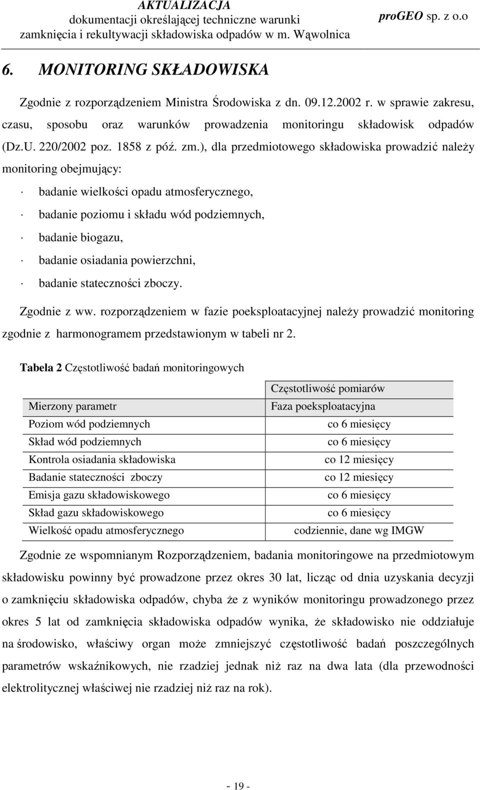 ), dla przedmiotowego składowiska prowadzić naleŝy monitoring obejmujący: badanie wielkości opadu atmosferycznego, badanie poziomu i składu wód podziemnych, badanie biogazu, badanie osiadania
