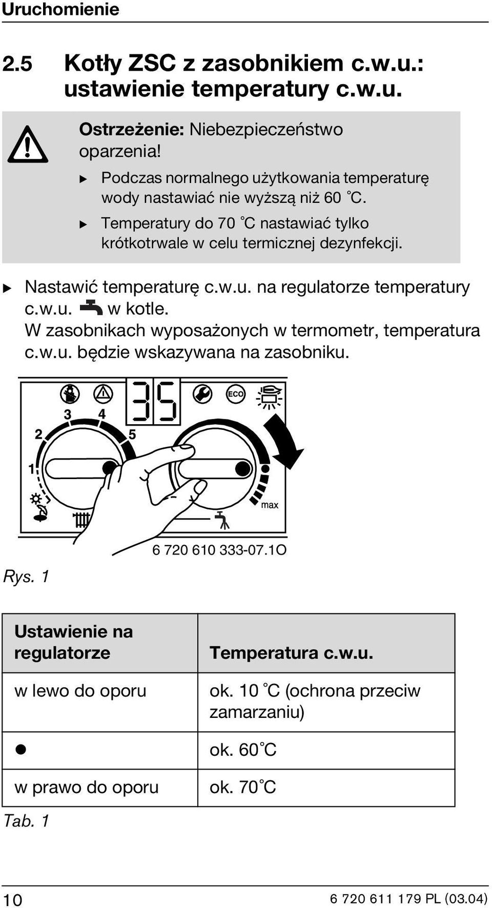 Temperatury do 70 C nastawiać tylko krótkotrwale w celu termicznej dezynfekcji. B Nastawić temperaturę c.w.u. na regulatorze temperatury c.w.u. w kotle.