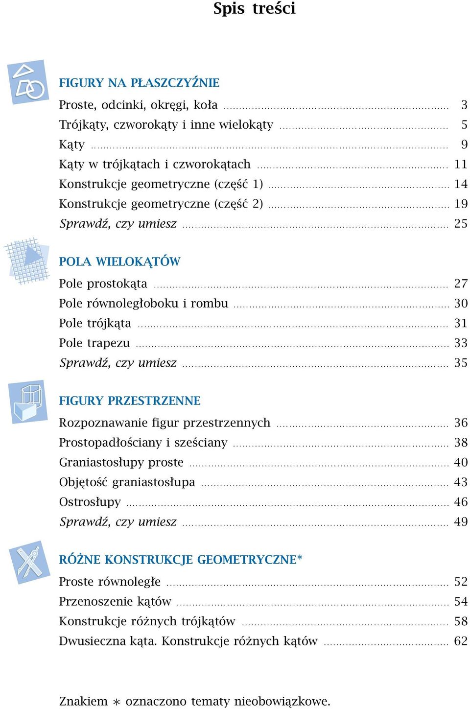 .. 35 FIGURY PRZESTRZENNE Rozpoznawanie figur przestrzennych... 36 Prostopadłościany i sześciany... 38 Graniastosłupy proste... 40 Objętość graniastosłupa... 43 Ostrosłupy... 46 Sprawdź, czy umiesz.