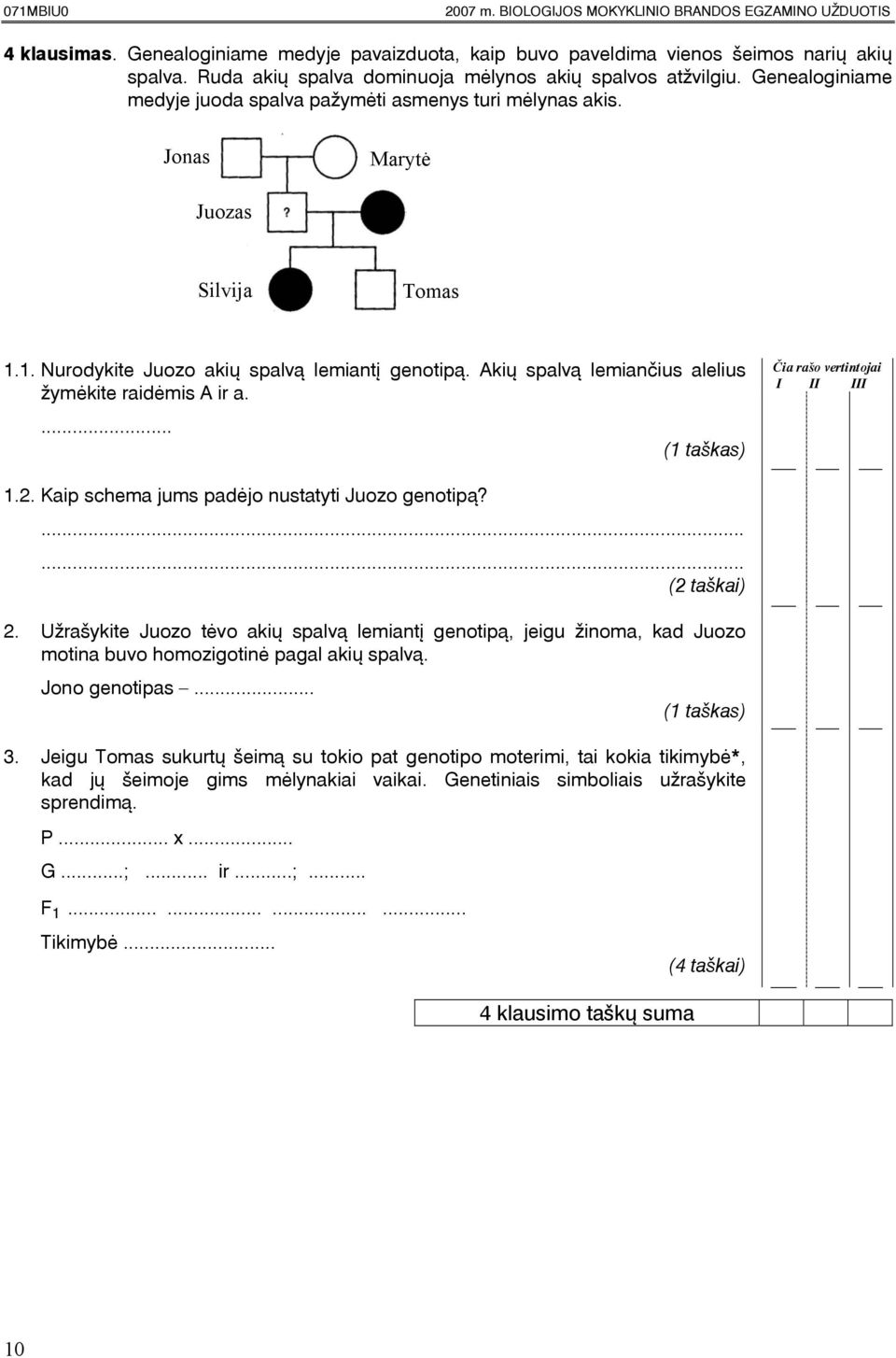 1. Nurodykite Juozo akiø spalvà lemiantá genotipà. kiø spalvà lemianèius alelius þymëkite raidëmis ir a.... 1.2. Kaip schema jums padëjo nustatyti Juozo genotipà? 2.