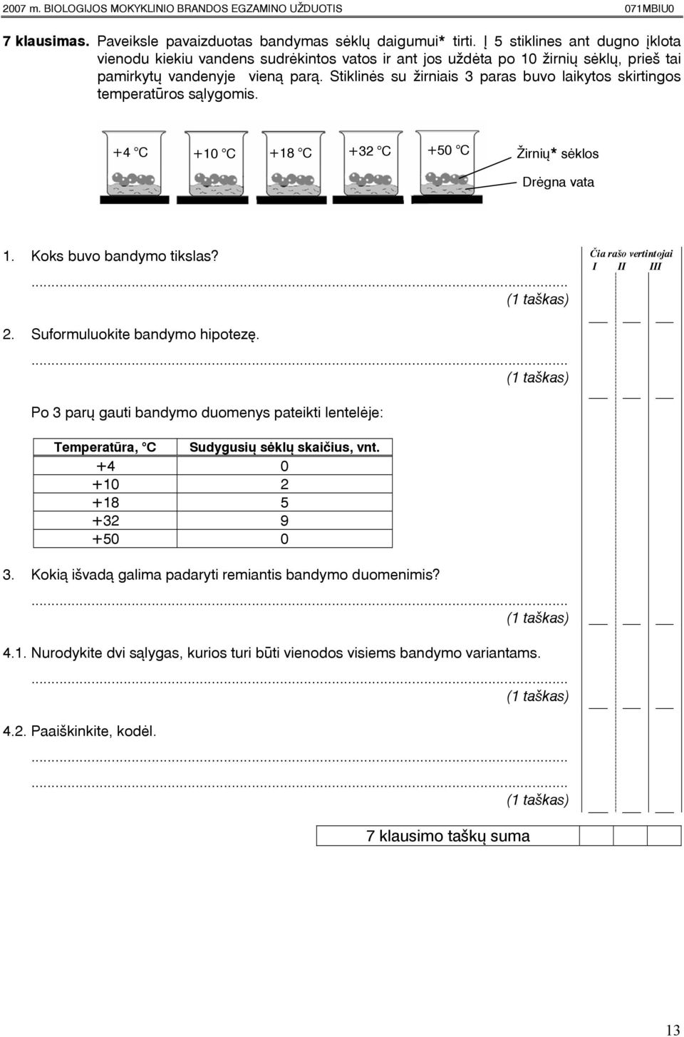 Stiklinës su þirniais 3 paras buvo laikytos skirtingos temperatûros sàlygomis. +4 +10 +18 +32 +50 Þirniø* sëklos rëgna vata 1. Koks buvo bandymo tikslas? 2. Suformuluokite bandymo hipotezæ.