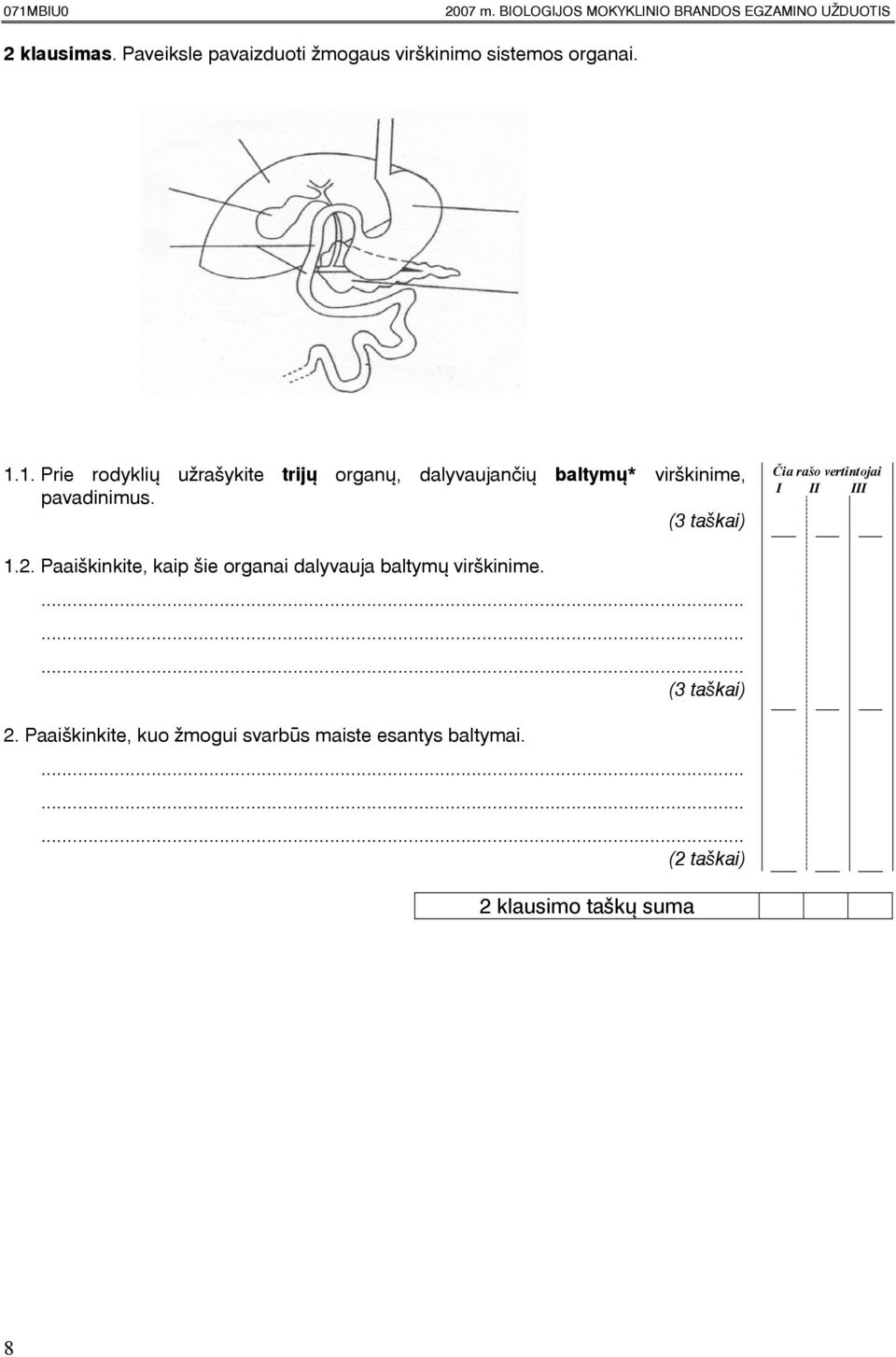 1. Prie rodykliø uþraðykite trijų organø, dalyvaujanèiø baltymų* virðkinime, pavadinimus.