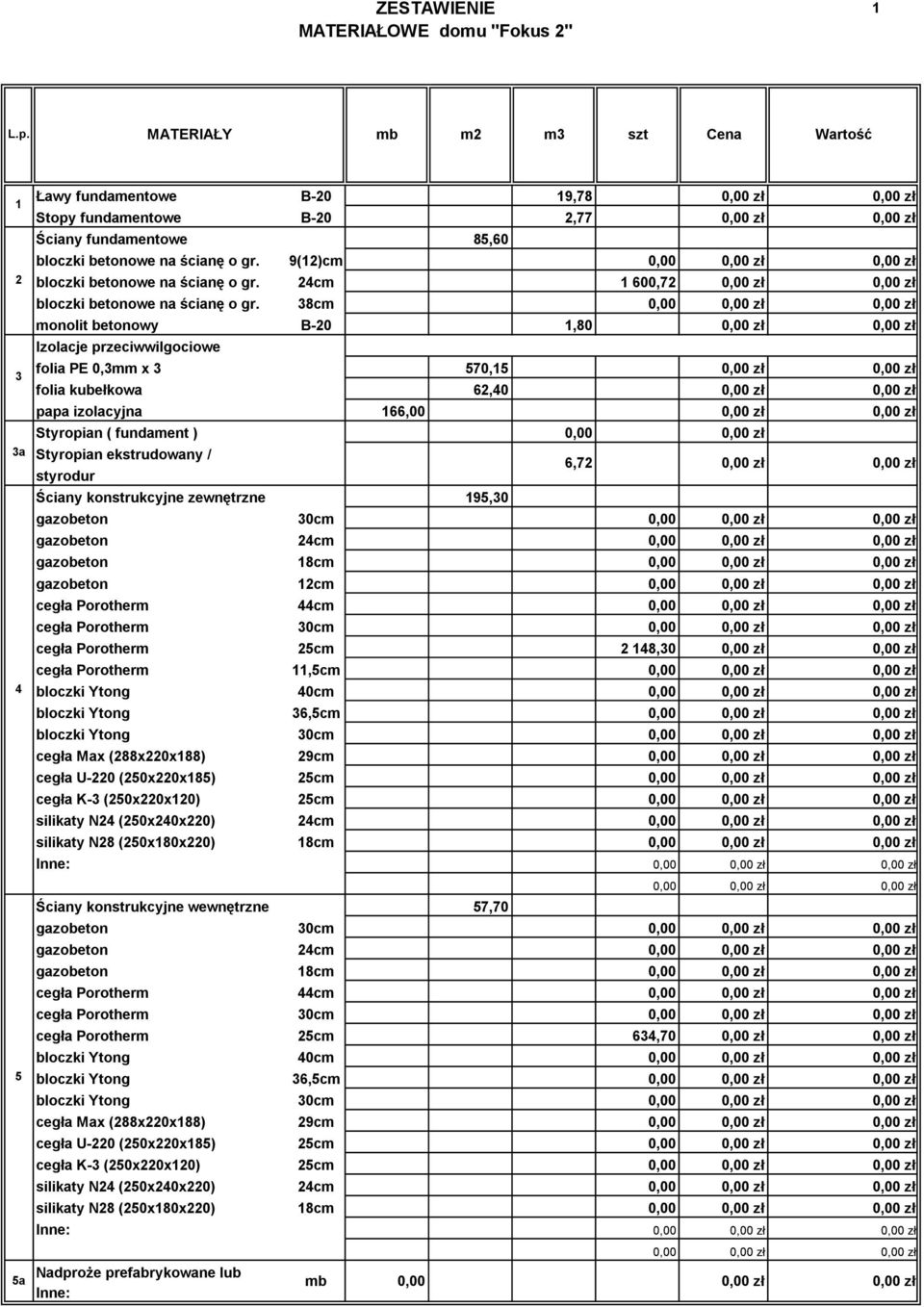 38 monolit betonowy B-20 1,80 Izolacje przeciwwilgociowe folia PE 0,3mm x 3 570,15 folia kubełkowa 62,40 papa izolacyjna 166,00 Styropian ( fundament ) Styropian ekstrudowany / styrodur Ściany