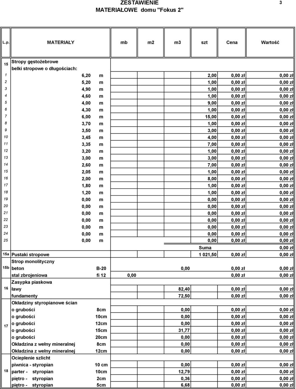 monolityczny 15b beton B-2,00 16 17 stal zbrojeniowa fi 12 Zasypka piaskowa ławy 82,40 fundamenty 72,50 Okładziny styropianowe ścian o grubości 8 o grubości 10 o grubości 12 o grubości 15 31,77 o