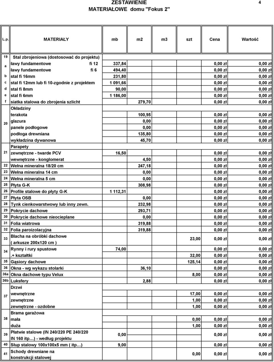 wewnętrzne - konglomerat 4,50 22 Wełna mineralna 18/20 247,18 23 Wełna mineralna 14 24 Wełna mineralna 5 25 Płyta G-K 308,98 26 Profile stalowe do płyty G-K 1 112,31 27 Płyta OSB 28 Tynk