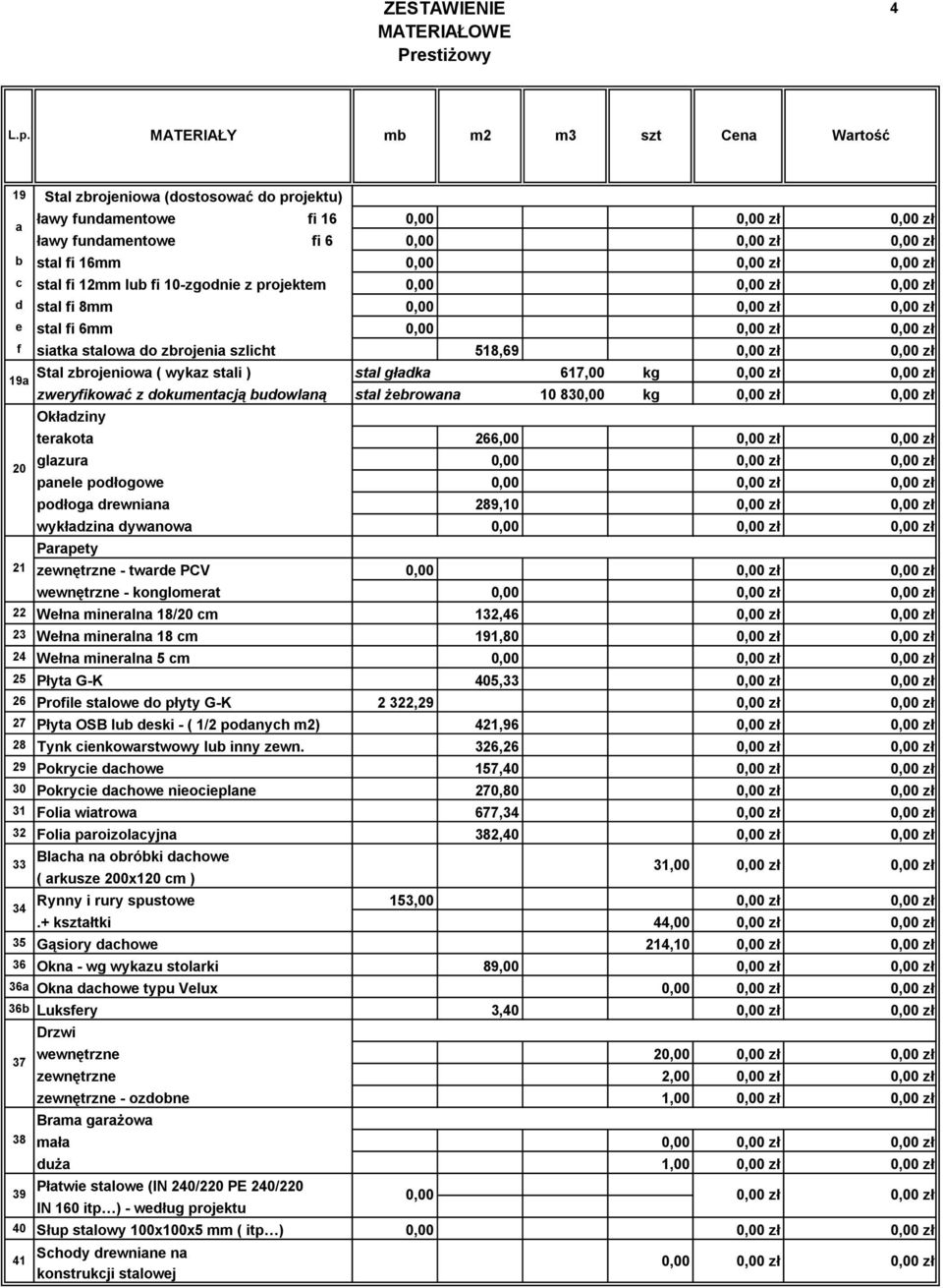 289,1,00 zł wykładzina dywanowa 0, Parapety zewnętrzne - twarde PCV 0, wewnętrzne - konglomerat 0, 22 Wełna mineralna 18/20 132,46 23 Wełna mineralna 18 191,8,00 zł 24 Wełna mineralna 5 0, 25 Płyta