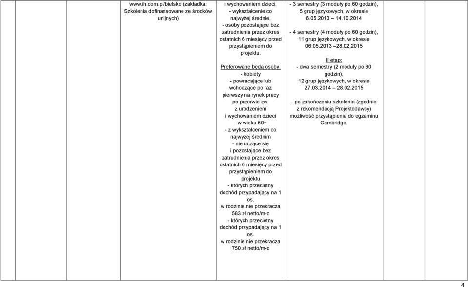przed przystąpieniem do projektu. Preferowane będą osoby: - kobiety - powracające lub wchodzące po raz pierwszy na rynek pracy po przerwie zw.