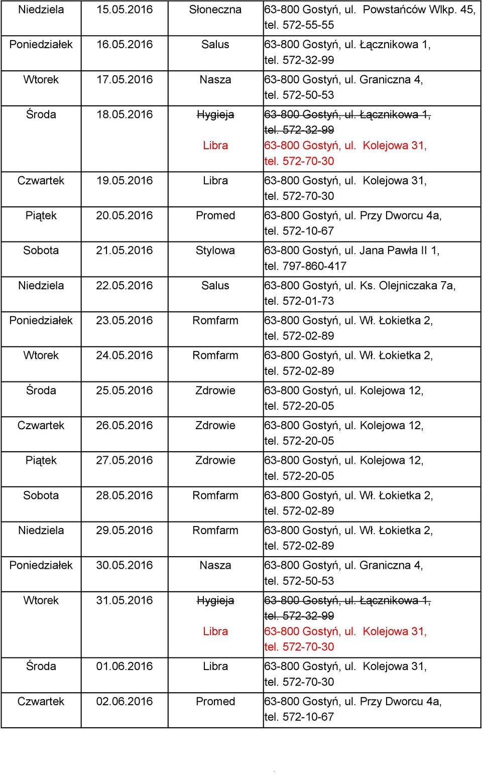 Wł. Łokietka 2, Wtorek 24.05.2016 Romfarm 63-800 Gostyń, ul. Wł. Łokietka 2, Środa 25.05.2016 Zdrowie 63-800 Gostyń, ul. Kolejowa 12, Czwartek 26.05.2016 Zdrowie 63-800 Gostyń, ul. Kolejowa 12, Piątek 27.