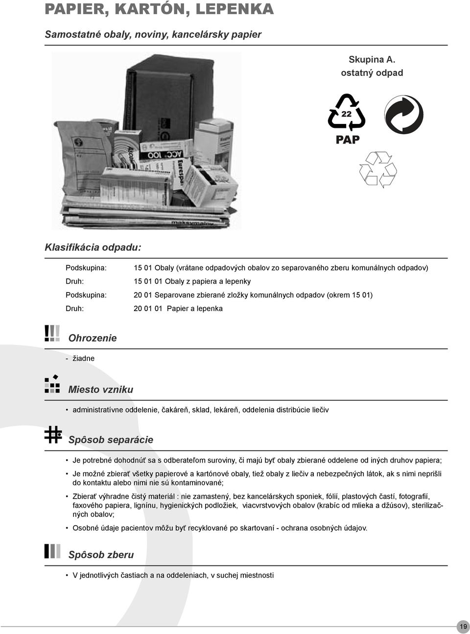 zbierané zložky komunálnych odpadov (okrem 15 01) 20 01 01 Papier a lepenka Ohrozenie - žiadne Miesto vzniku administratívne oddelenie, čakáreň, sklad, lekáreň, oddelenia distribúcie liečiv Spôsob