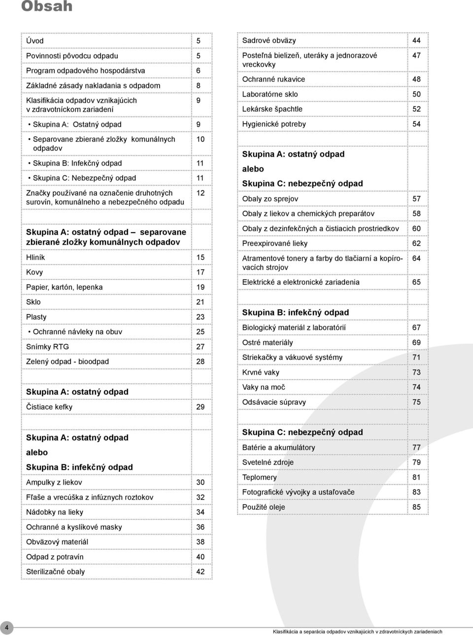 Skupina A: ostatný odpad separovane zbierané zložky komunálnych odpadov Hliník 15 Kovy 17 Papier, kartón, lepenka 19 Sklo 21 Plasty 23 Ochranné návleky na obuv 25 Snímky RTG 27 Zelený odpad -