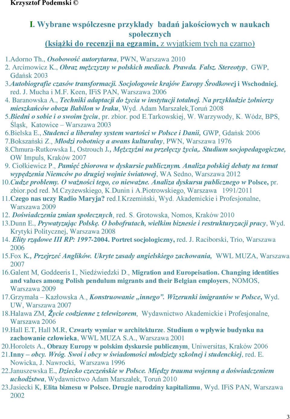 Mucha i M.F. Keen, IFiS PAN, Warszawa 2006 4. Baranowska A., Techniki adaptacji do życia w instytucji totalnej. Na przykładzie żołnierzy mieszkańców obozu Babilon w Iraku, Wyd.