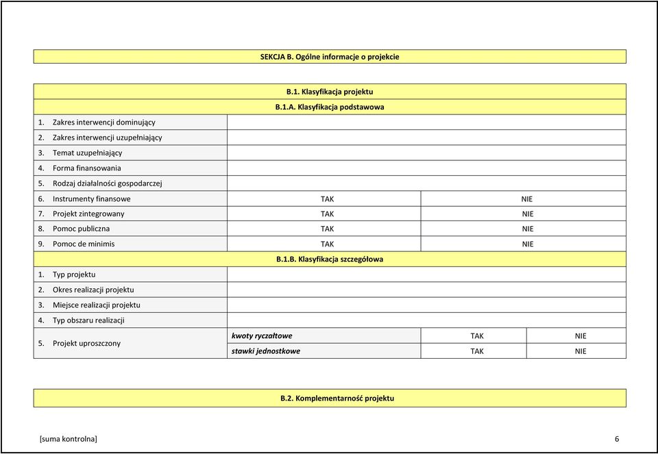 Projekt zintegrowany TAK NIE 8. Pomoc publiczna TAK NIE 9. Pomoc de minimis TAK NIE B.1.B. Klasyfikacja szczegółowa 1. Typ projektu 2.