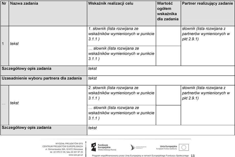 1.1 ) słownik (lista rozwijana z partnerów wymienionych w pkt 2.9.1) 2. słownik (lista rozwijana ze wskaźników wymienionych w punkcie 3.1.1 ) słownik (lista rozwijana ze wskaźników wymienionych w punkcie 3.