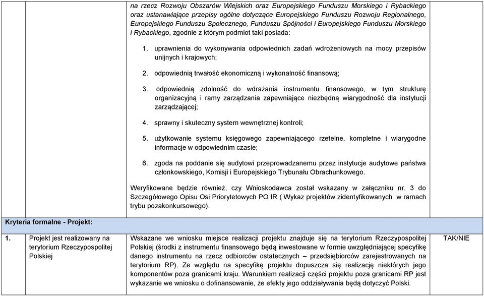 uprawnienia do wykonywania odpowiednich zadań wdrożeniowych na mocy przepisów unijnych i krajowych; 2. odpowiednią trwałość ekonomiczną i wykonalność finansową; 3.