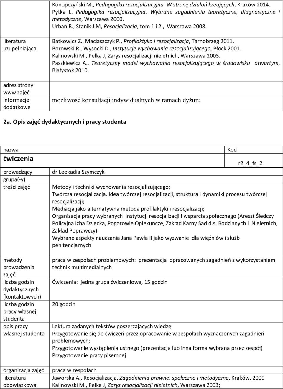 , Wysocki D., Instytucje wychowania resocjalizującego, Płock 2001. Kalinowski M., Pełka J, Zarys resocjalizacji nieletnich, Warszawa 2003. Paszkiewicz A.