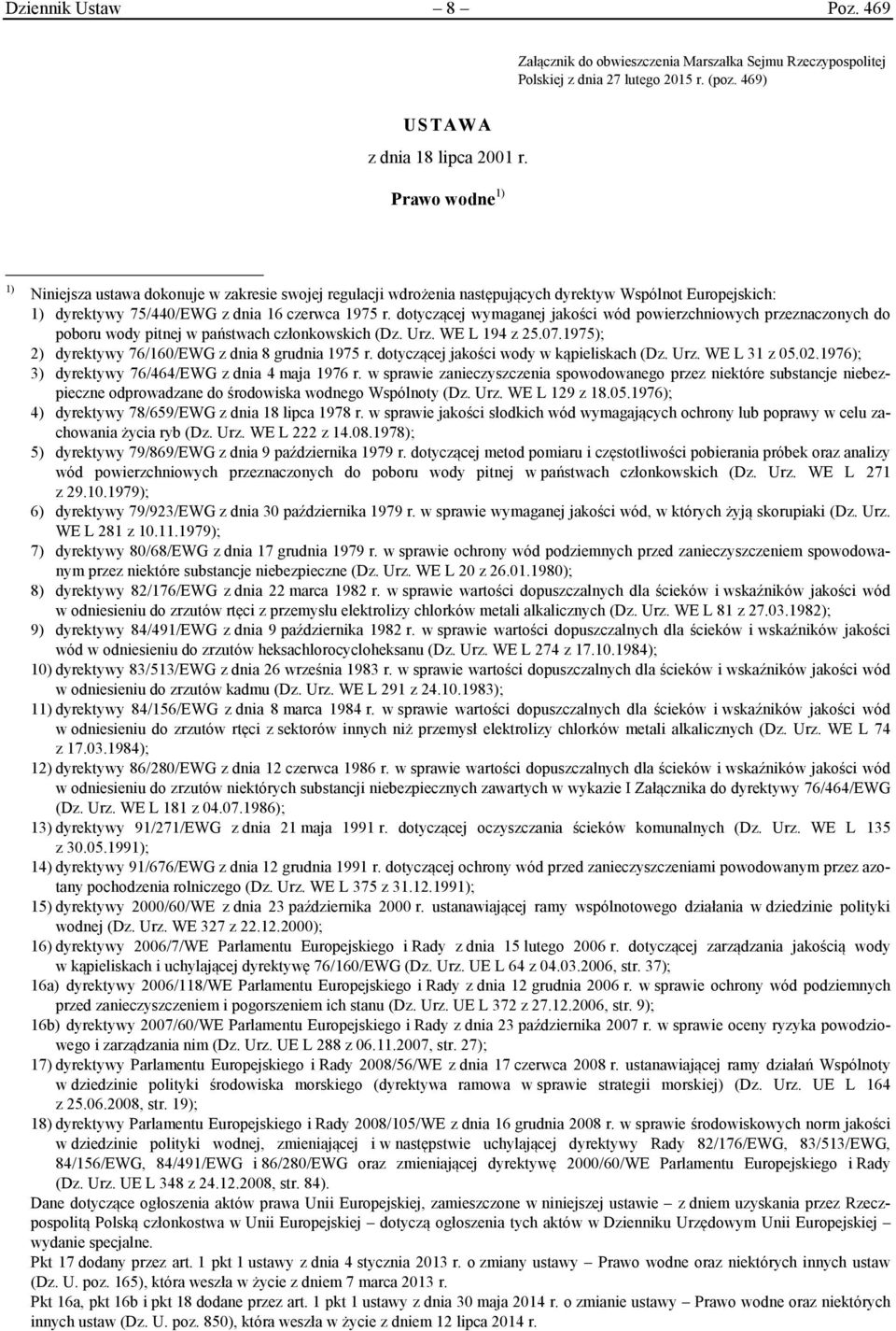 dotyczącej wymaganej jakości wód powierzchniowych przeznaczonych do poboru wody pitnej w państwach członkowskich (Dz. Urz. WE L 194 z 25.07.1975); 2) dyrektywy 76/160/EWG z dnia 8 grudnia 1975 r.