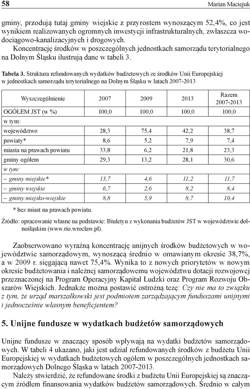 Struktura refundowanych wydatków budżetowych ze środków Unii Europejskiej w jednostkach samorządu terytorialnego na Dolnym Śląsku w latach 2007-2013 Wyszczególnienie 2007 2009 2013 Razem 2007-2013