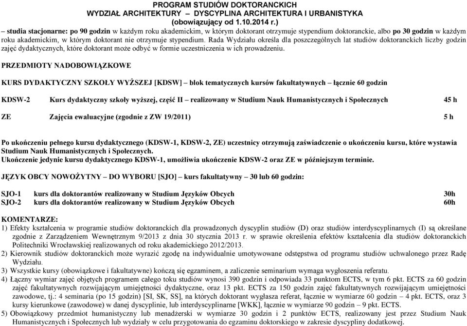 PRZEDMIOTY NADOBOWIĄZKOWE KURS DYDAKTYCZNY SZKOŁY WYŻSZEJ [KDSW] blok tematycznych kursów fakultatywnych łącznie 60 godzin KDSW-2 Kurs dydaktyczny szkoły wyższej, część II realizowany w Studium Nauk