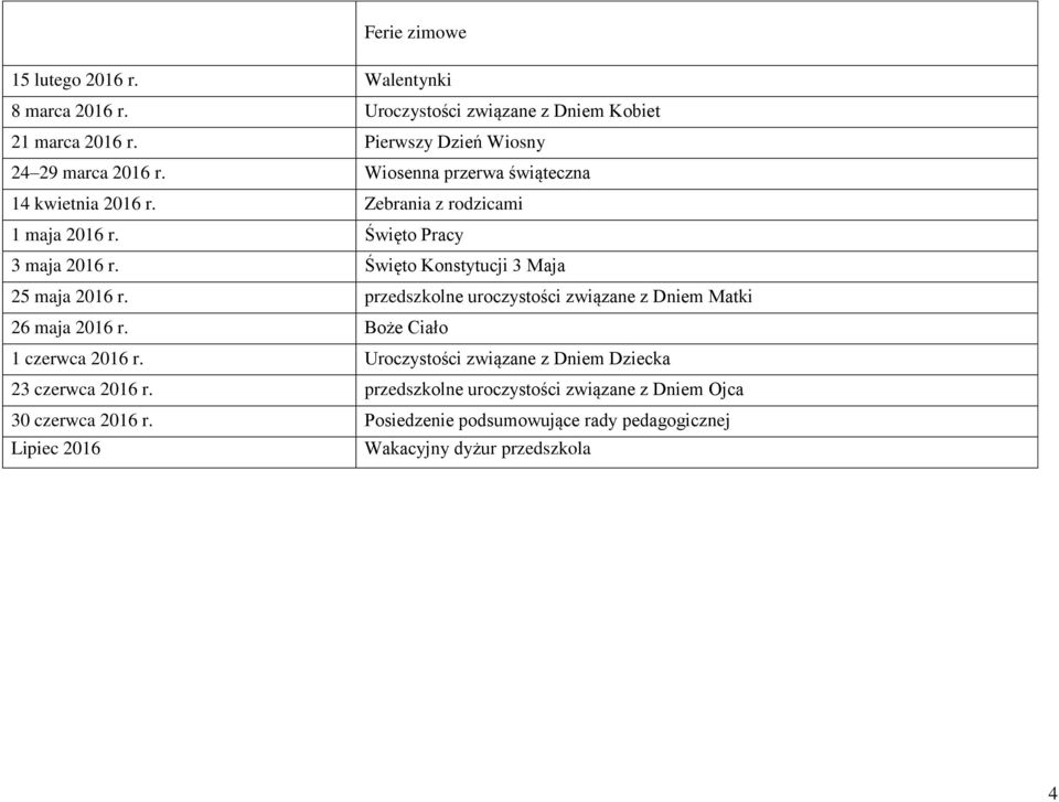 przedszkolne uroczystości związane z Dniem Matki 26 maja 2016 r. Boże Ciało 1 czerwca 2016 r. Uroczystości związane z Dniem Dziecka 23 czerwca 2016 r.