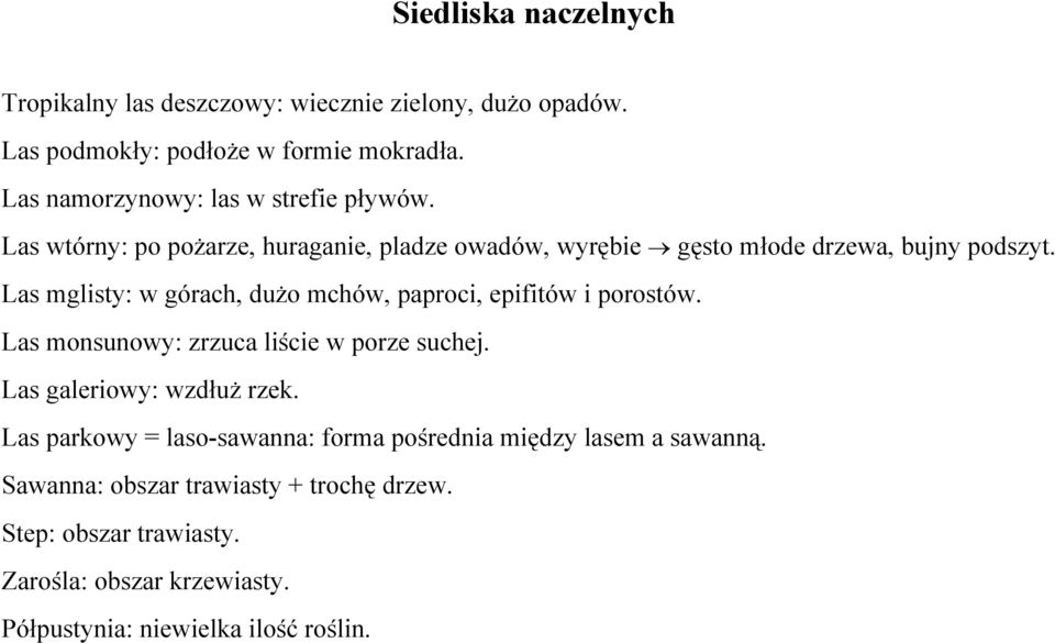 Las mglisty: w górach, dużo mchów, paproci, epifitów i porostów. Las monsunowy: zrzuca liście w porze suchej. Las galeriowy: wzdłuż rzek.