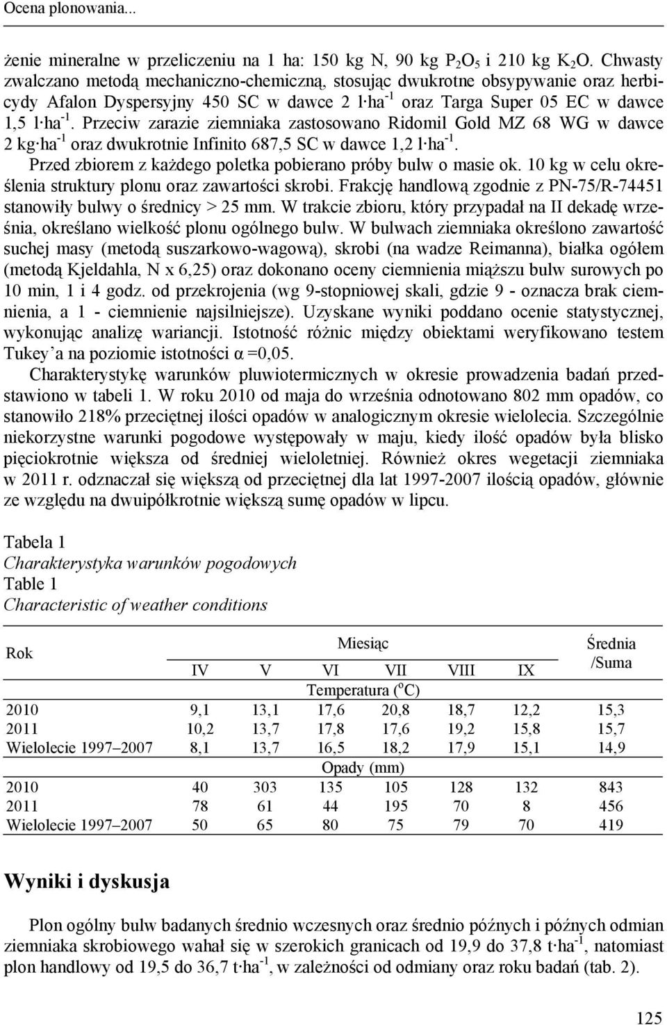 Przeciw zarazie ziemniaka zastosowano Ridomil Gold MZ 68 WG w dawce 2 kg ha -1 oraz dwukrotnie Infinito 687,5 SC w dawce 1,2 l ha -1. Przed zbiorem z każdego poletka pobierano próby bulw o masie ok.