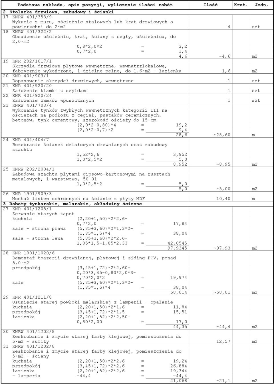 6 m2 - łazienka 1,6 m2 20 KNR 401/903/1 Dopasowanie skrzydeł drzwiowych, wewnętrzne 1 szt 21 KNR 401/920/20 Założenie klamki z szyldami 1 szt 22 KNR 401/920/24 Założenie zamków wpuszczanych 1 szt 23