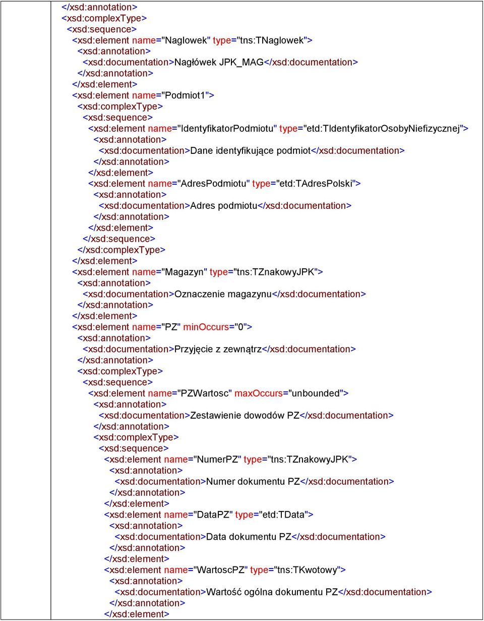 magazynu</xsd:> <xsd:element name="pz" minoccurs="0"> <xsd:>przyjęcie z zewnątrz</xsd:> <xsd:element name="pzwartosc" maxoccurs="unbounded"> <xsd:>zestawienie dowodów PZ</xsd:> <xsd:element