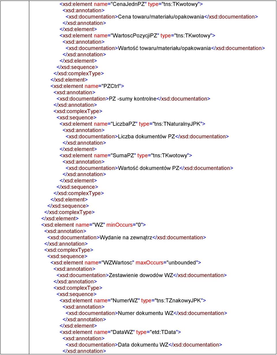 <xsd:element name="sumapz" type="tns:tkwotowy"> <xsd:>wartość dokumentów PZ</xsd:> <xsd:element name="wz" minoccurs="0"> <xsd:>wydanie na zewnątrz</xsd:> <xsd:element name="wzwartosc"