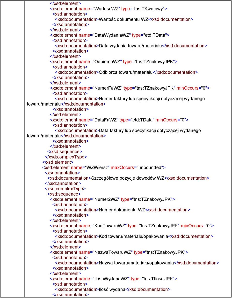 wydanego towaru/materiału</xsd:> <xsd:element name="datafawz" type="etd:tdata" minoccurs="0"> <xsd:>data faktury lub specyfikacji dotyczącej wydanego towaru/materiału</xsd:> <xsd:element